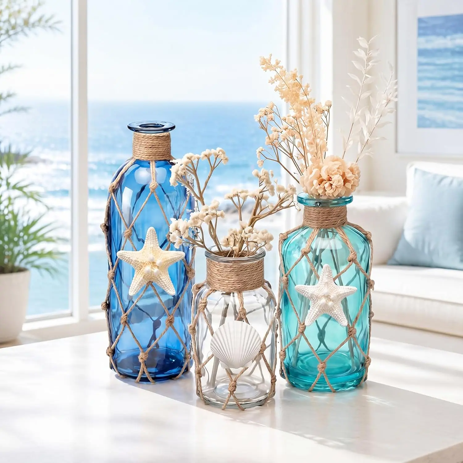 Coastal Glass Vases Set of 3 Rustic Beach Vases   Starfish Shell Jute Rope Sea Glass Bottle  Nautical  Decor for Table Mantel Shelf Living Room Kitchen Bathroom