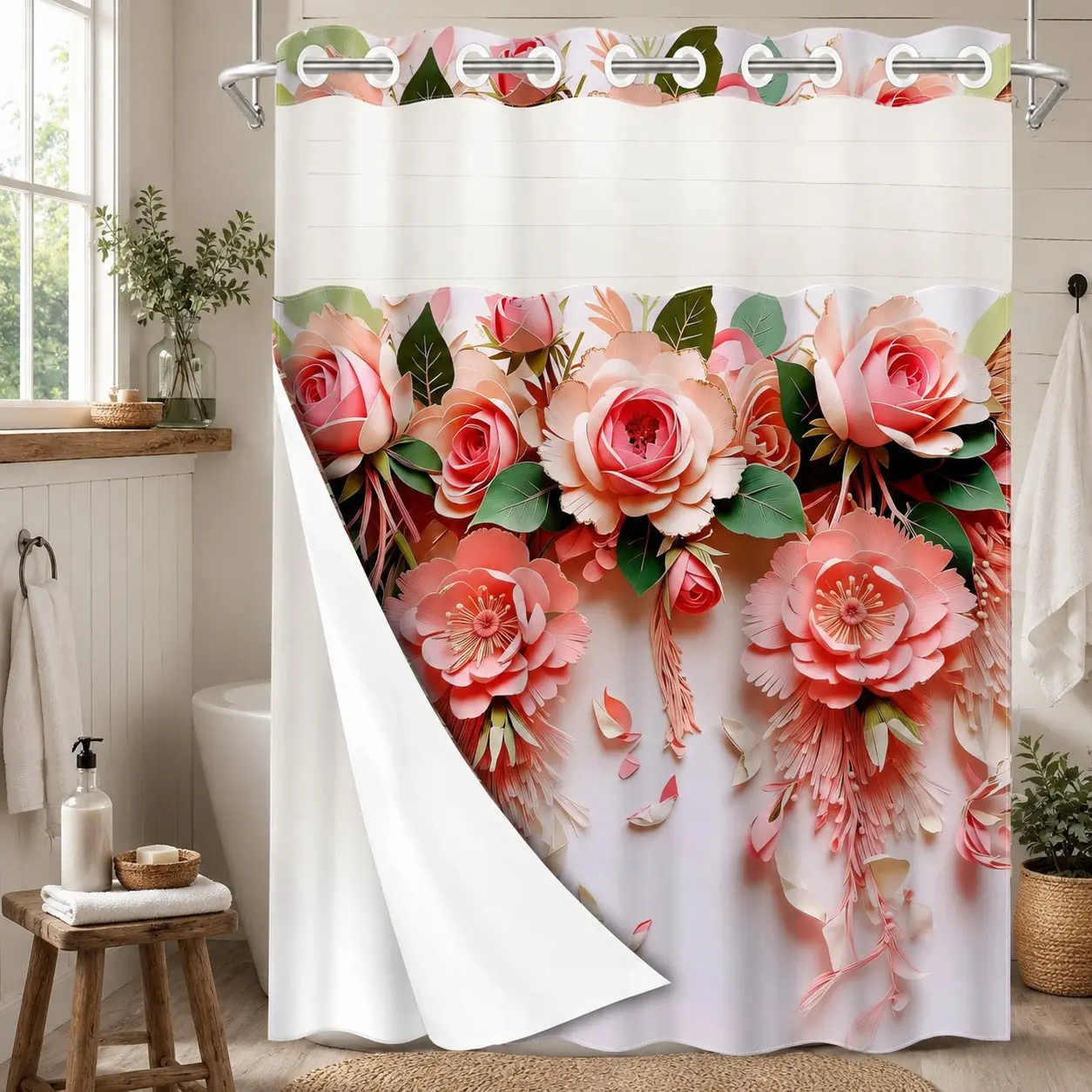1PC 2D Flat No Hooks Double Layer Hookless Shower Curtain, Boho Shower Curtains For Bathroom, 3D Paper Art Pink Rose Flower Print Waterproof Fabric, Detachable Buckle Liner, Bathroom Divider, Home Decor