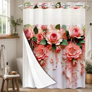 1PC 2D Flat No Hooks Double Layer Shower Curtain, 3D Paper Art Pink Rose Flower Print Waterproof Fabric, Sweet Girly Romantic Home Decor, Luxury Floral Aesthetic, Hotel Bathroom Accessory, Detachable Buckle Liner, Bathroom Room Divider