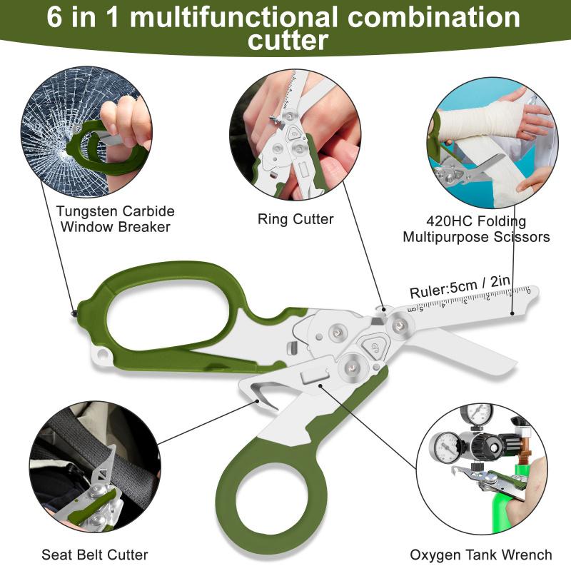 8in1 Outdoor Tactical Scissors, Upgraded EDC Multifunctional Folding Scissors, Medical Emergency Multipurpose Scissors for Outdoor Camping Hiking Home, Hand Tool, Army Green