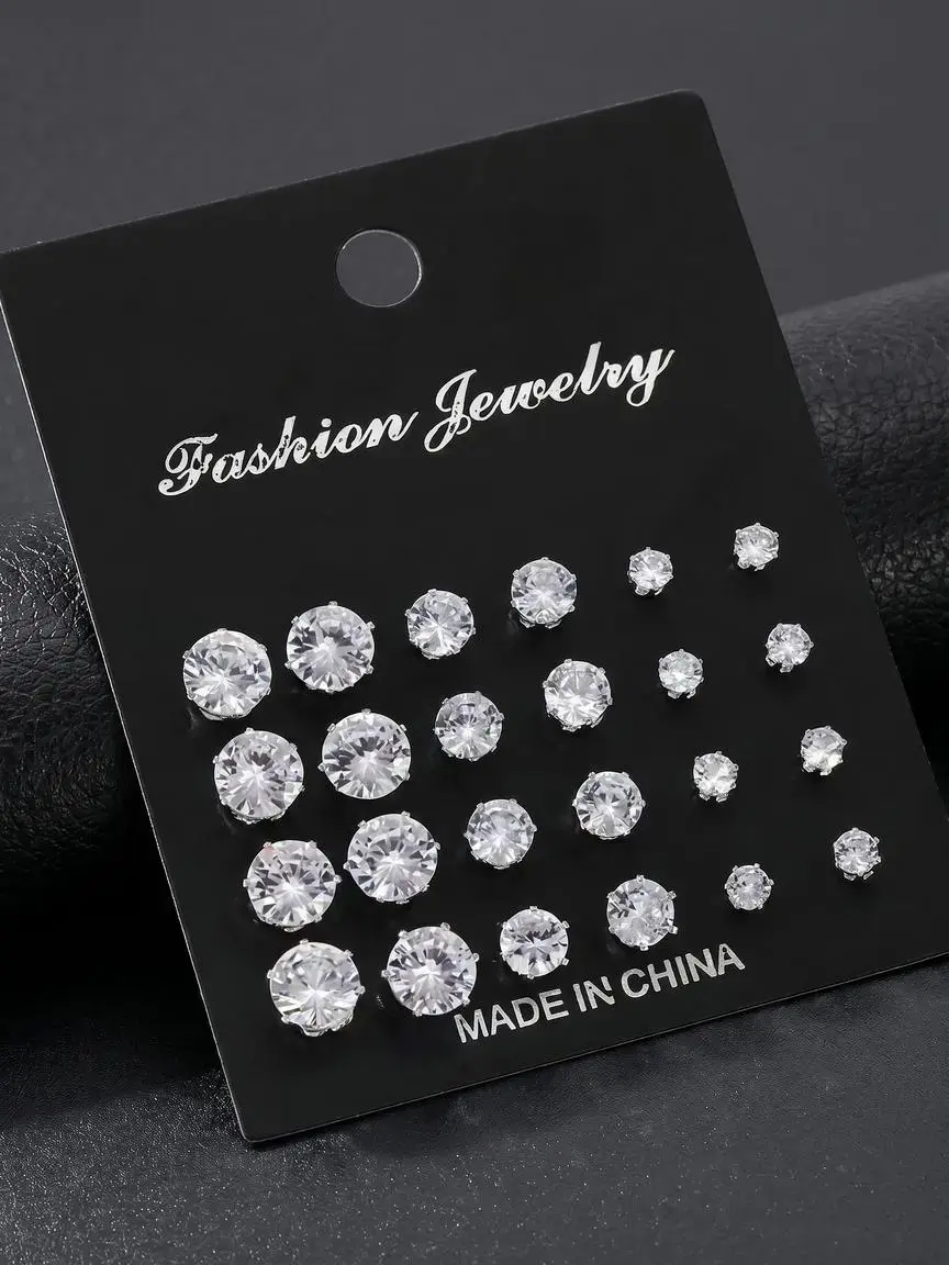24 pcs punk geometric round square cubic zirconium earrings set imitation pearl earrings, Ear Studs, Earrings Jewelry, suitable for dates, daily wear, Valentine's Day, for both men and women Punk Style Earrings