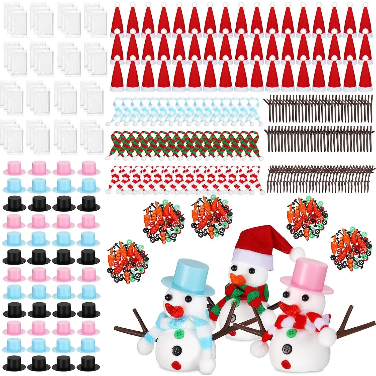 48 Pack Snowman Craft Kit Christmas DIY Build Snowman Decorating Kit Modeling Clay Hats Buttons Scarfs  Balls Craft Supplies for  Xmas Party