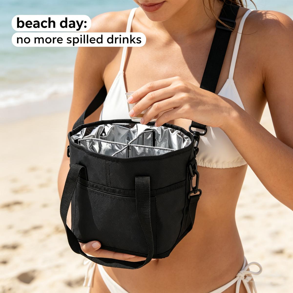 Portable Foldable 4-Pocket Water Bottle Carrier Bag with Adjustable Strap Detachable Hook-and-Loop Divider Heavy-Duty Nylon Ultra-Lightweight Compact for Car Travel Beach Picnics Outdoor Straw Accessories Classic Black Lake Blue Heather Dark Gray