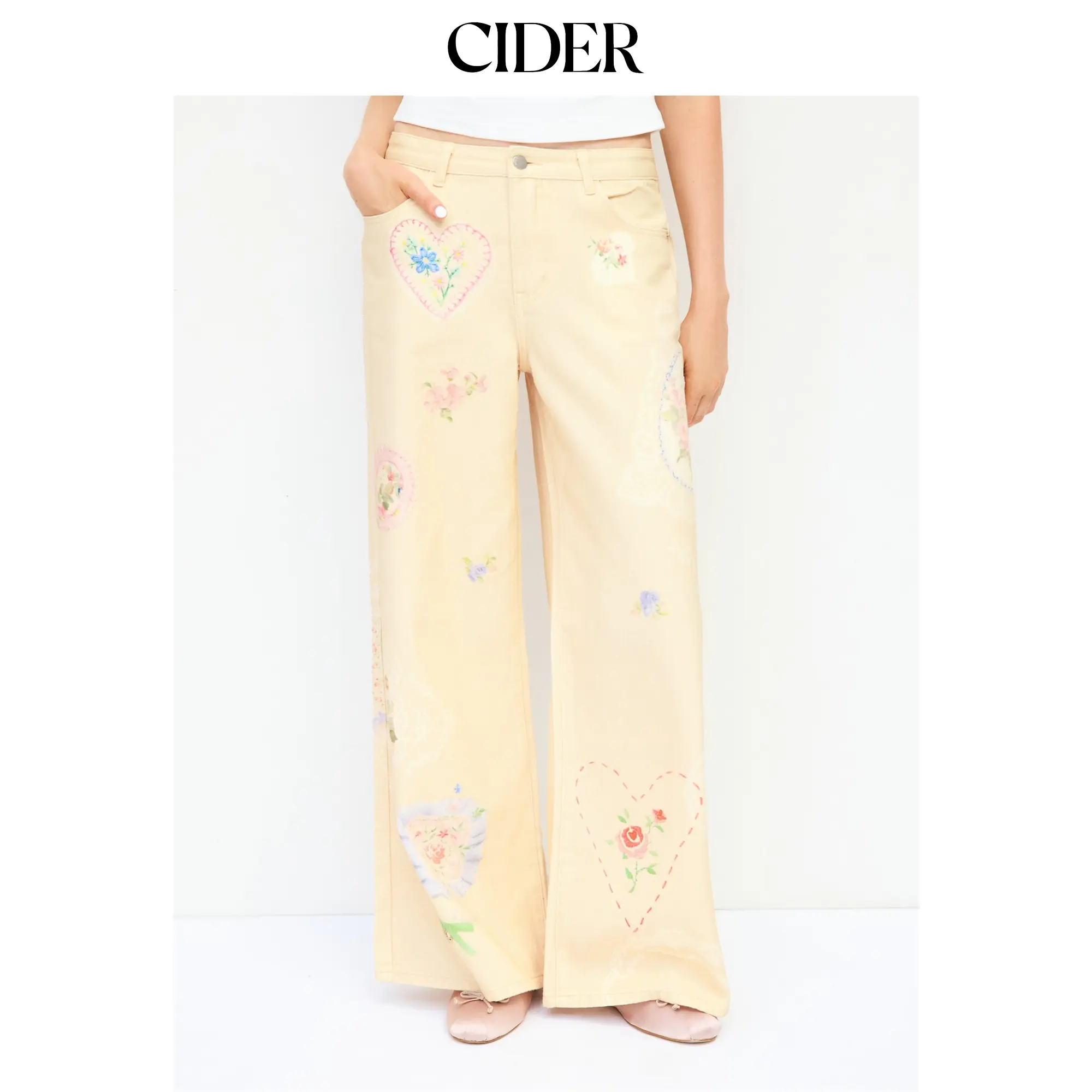 Cider Denim Low Rise Floral Applique Metal Detail Wide Leg Jeans