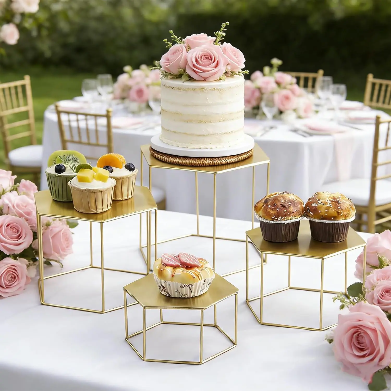 Garvee Superior Gold Metal Buffet Riser Set – 4-Piece Nesting Dessert Display Stands for Professional Food Service – Ready-to-Use Cake and Cookie Pedestals – Catering, Wedding, Party, Birthday – Multi-Level Table Presentation