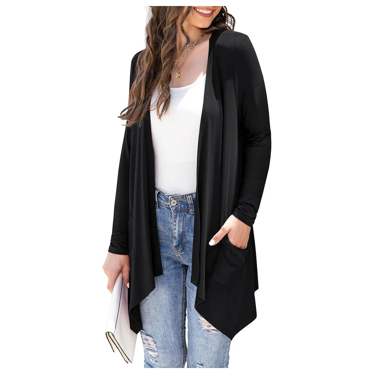 Women's Lightweight Casual Knit Cardigan - Soft Long Sleeve Floral Duster with Pockets, High Low Hem, Draped StyleGift