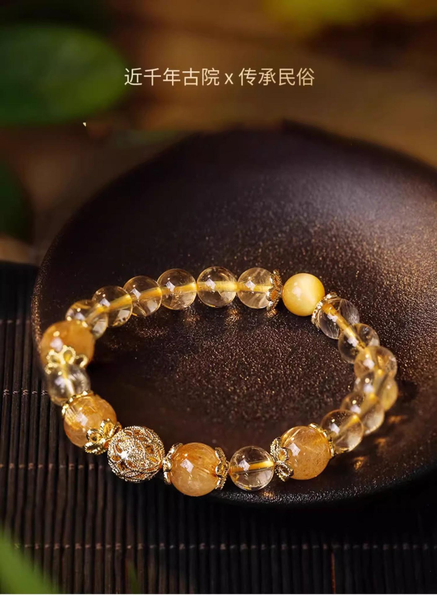 Pu Fu Imitation yellow Crystal Wealth Attraction Bracelet for Women, High-end Imitation gold Hair crystal Fortune Bead bracelet for women