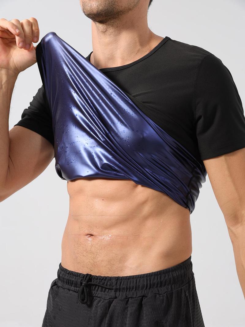 Men's Solid Round Neck Sauna Tank Top, Short Sleeve Sports Top, Fall Clothing Men, Breathable Comfortable Top for Gym Workout Running, Men Sport & Outdoor Clothing, Gym Tops & Gym Vest, Athletic Clothes