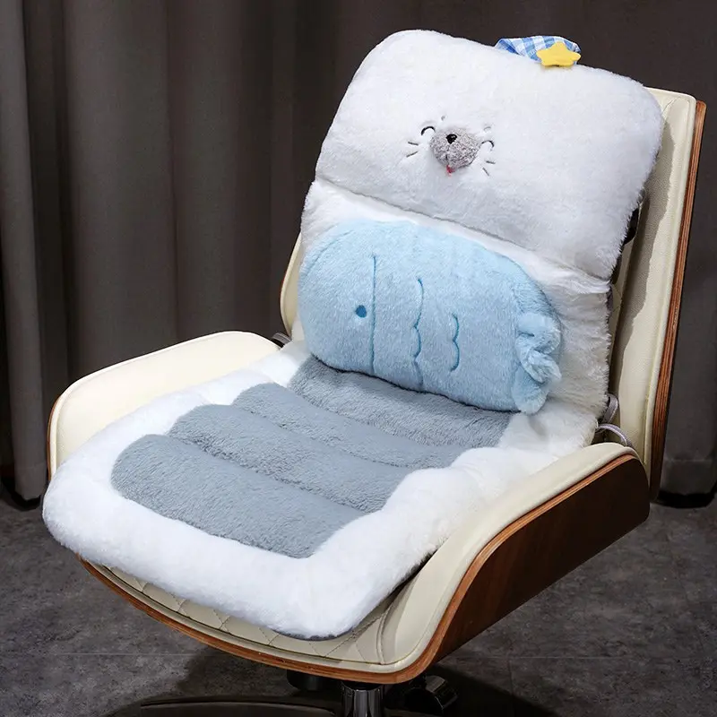 Cute Seal Plush Office Chair Cushion with Lumbar Support, Multi-Scene Use, Relieves Back and Tailbone Pain, Soft Winter Seat Pad