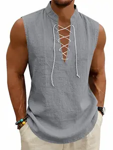 American Summer Loose Men's Viking Medieval Drawstring Linen Breathable Sleeveless Tank Top, Comfortable and Stylish Unisex Clothing