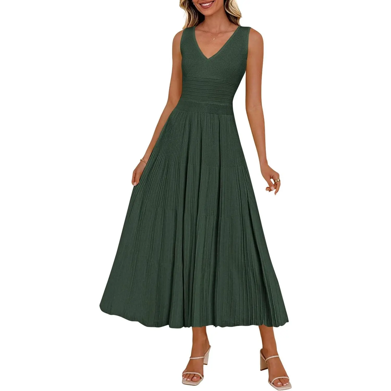 Women's Sleeveless V-Neck Ribbed Light Knit Fitted High-Waisted Pleated A-Line Midi Dress - Lightweight Fabric, Elegant, Breathable, Comfortable, Slim-Fit Wedding Guest Dresses for Work, Party, Beach, Top