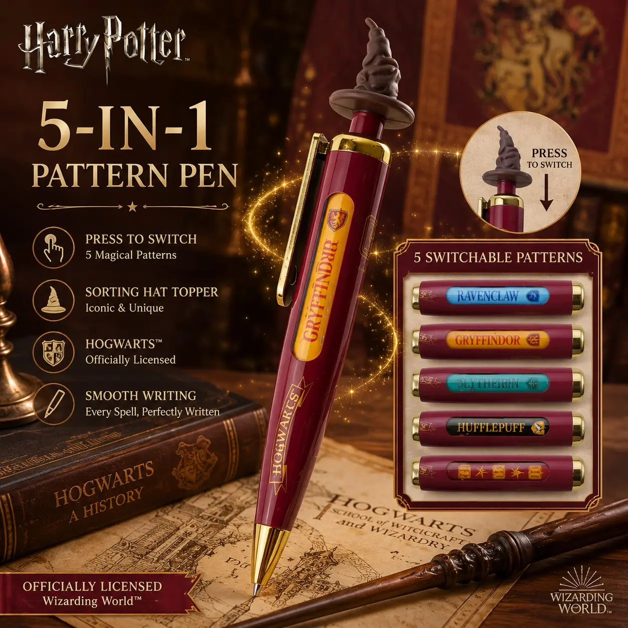 Harry Potter Sorting Hat Pen, Wizarding World 3D Figure Ballpoint, Aesthetic Pens Desk Stationery, School Supplies, Teen Gift, Hogwarts Cosplay Prop