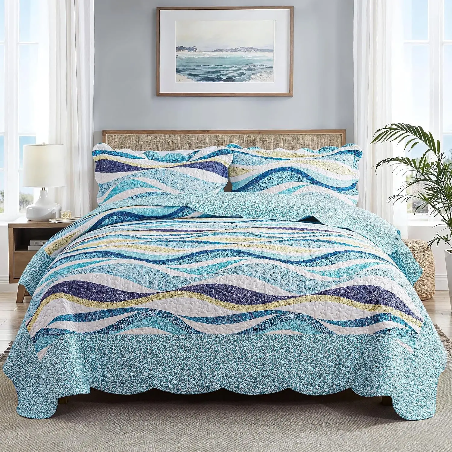 California King Quilt 120x120 - Beach Quilt 3 Pieces, Coastal Quilt Sets, Oversized King Bedspreads, Nautical Bedspreads Ocean Coverlets, Lightweight Bed Cover, Summer Quilts