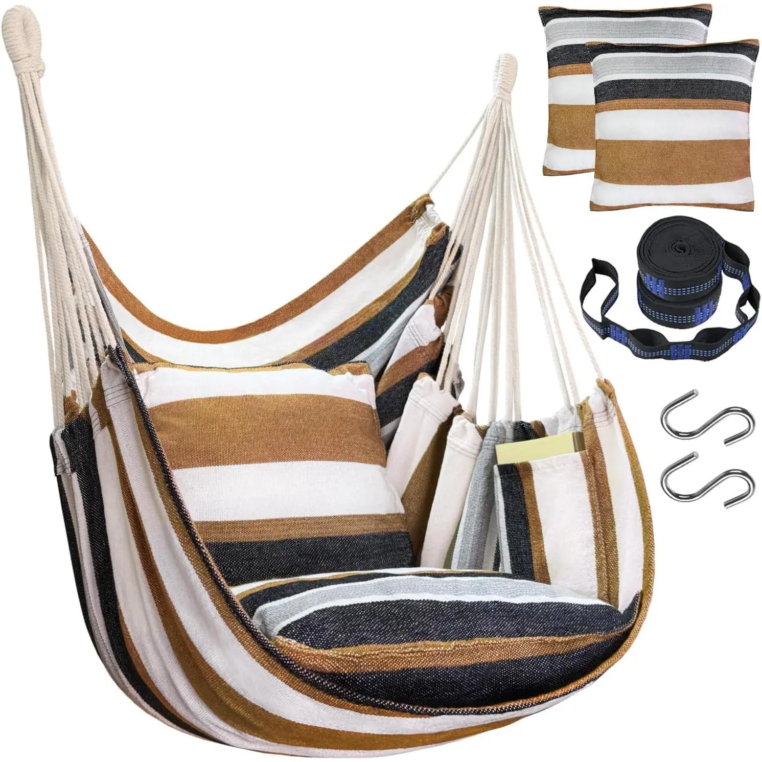 Hammock Chair Hanging Hammock Chair Rope Swing 2 Cushions Included-Sturdy & Durable Soft Cotton Hand Woven Hammock Swing for Bedroom, Porch, Patio-Indoor/Outdoor