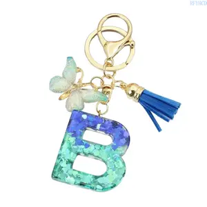 2026 New A-Z Blue Glitter Resin Initial Keychain for Women Girls, Sparkly Alphabet Key Ring with Butterfly Tassel, Cute Bag Purse Backpack Charm, Car Key Holder Birthday Bridesmaid Gift