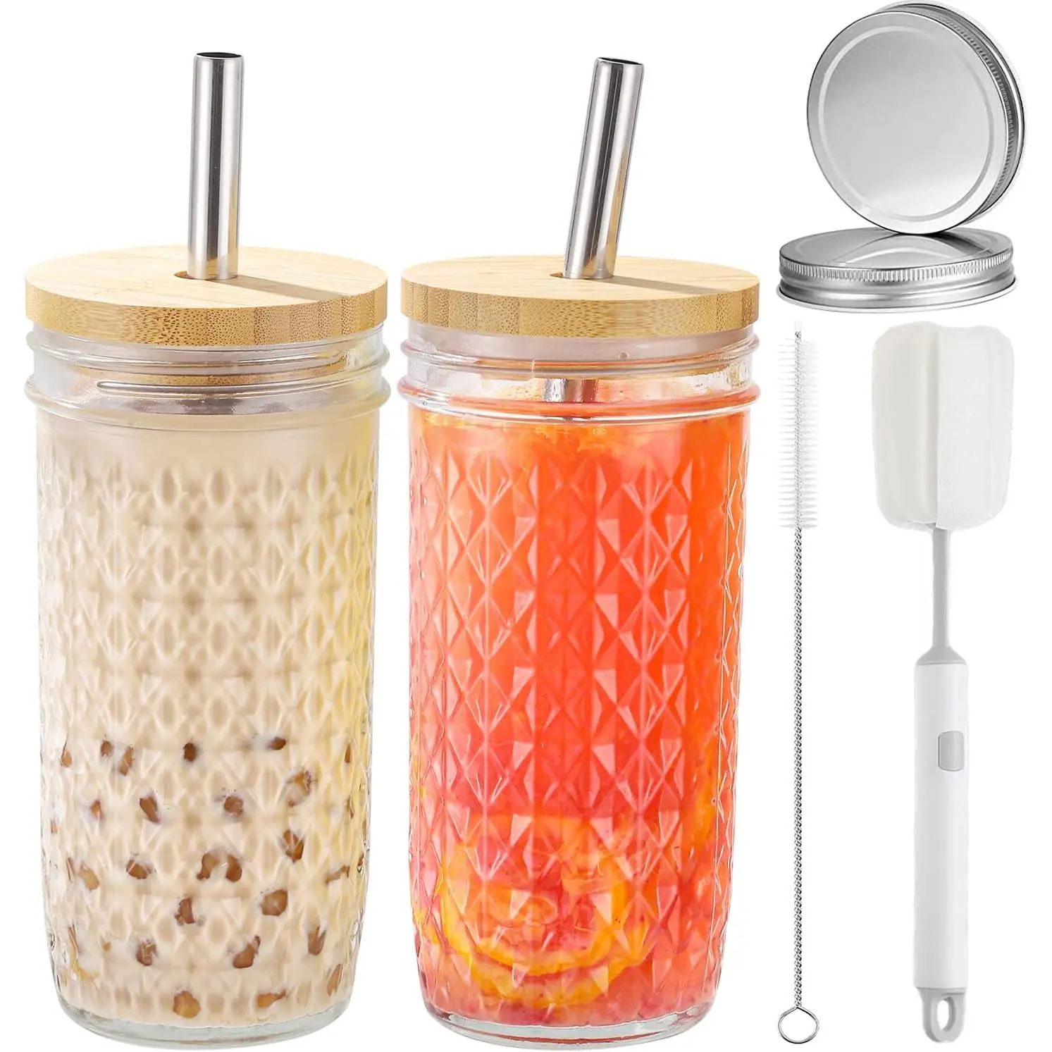 2 count Glass Cups Set - 24oz Mason Jar Drinking Glasses with   & Straws & 2 Airtight , Cute  Smoothie cup, Iced Coffee Glasses, Travel Tumbler for Bubble , Juice