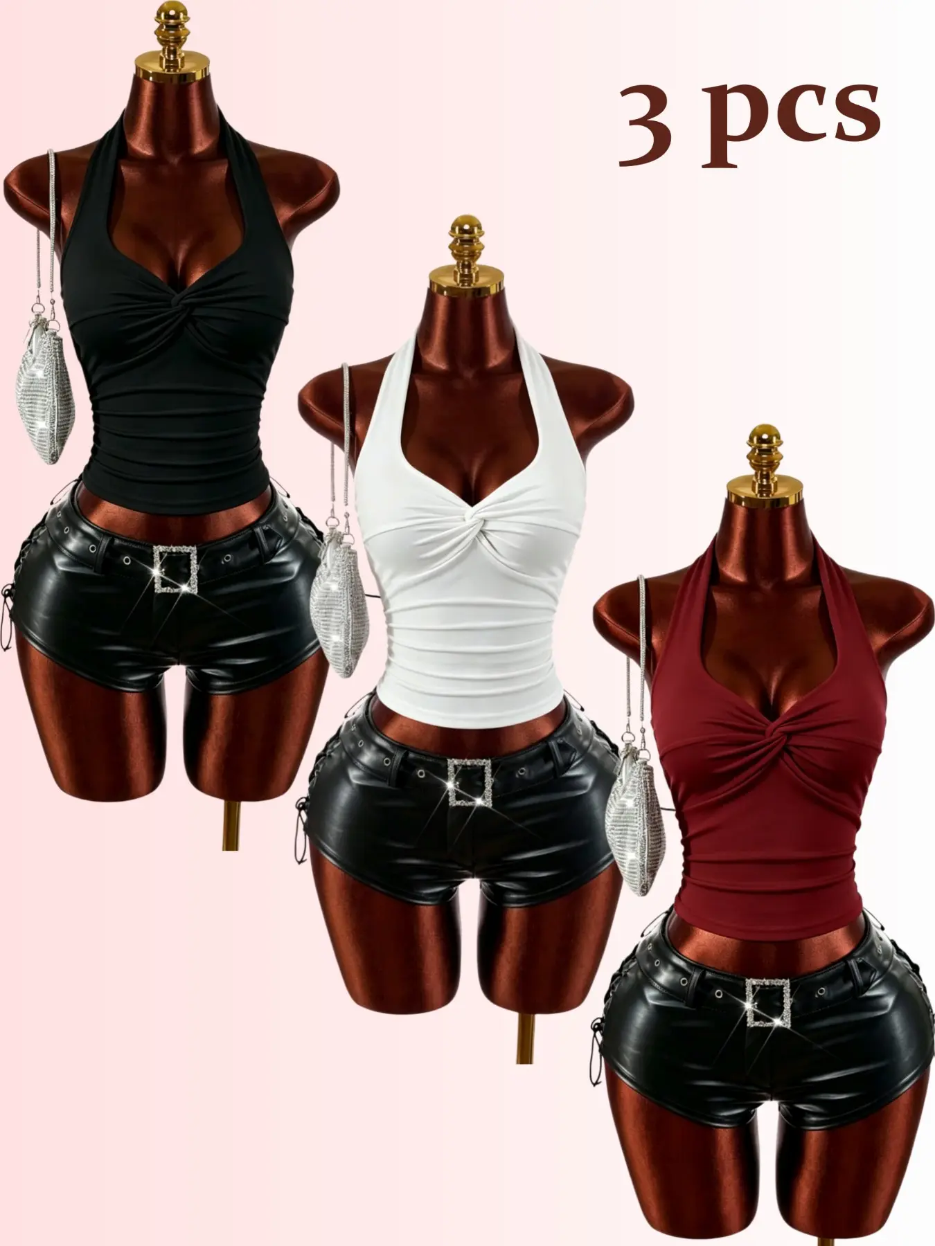 Women's Summer Y2K Sweet Punk Style Halter Neck Camisole Tank Top, Slim Fit Plain Surface Design, Three-Piece Set with Chest Knot and Side Pleats