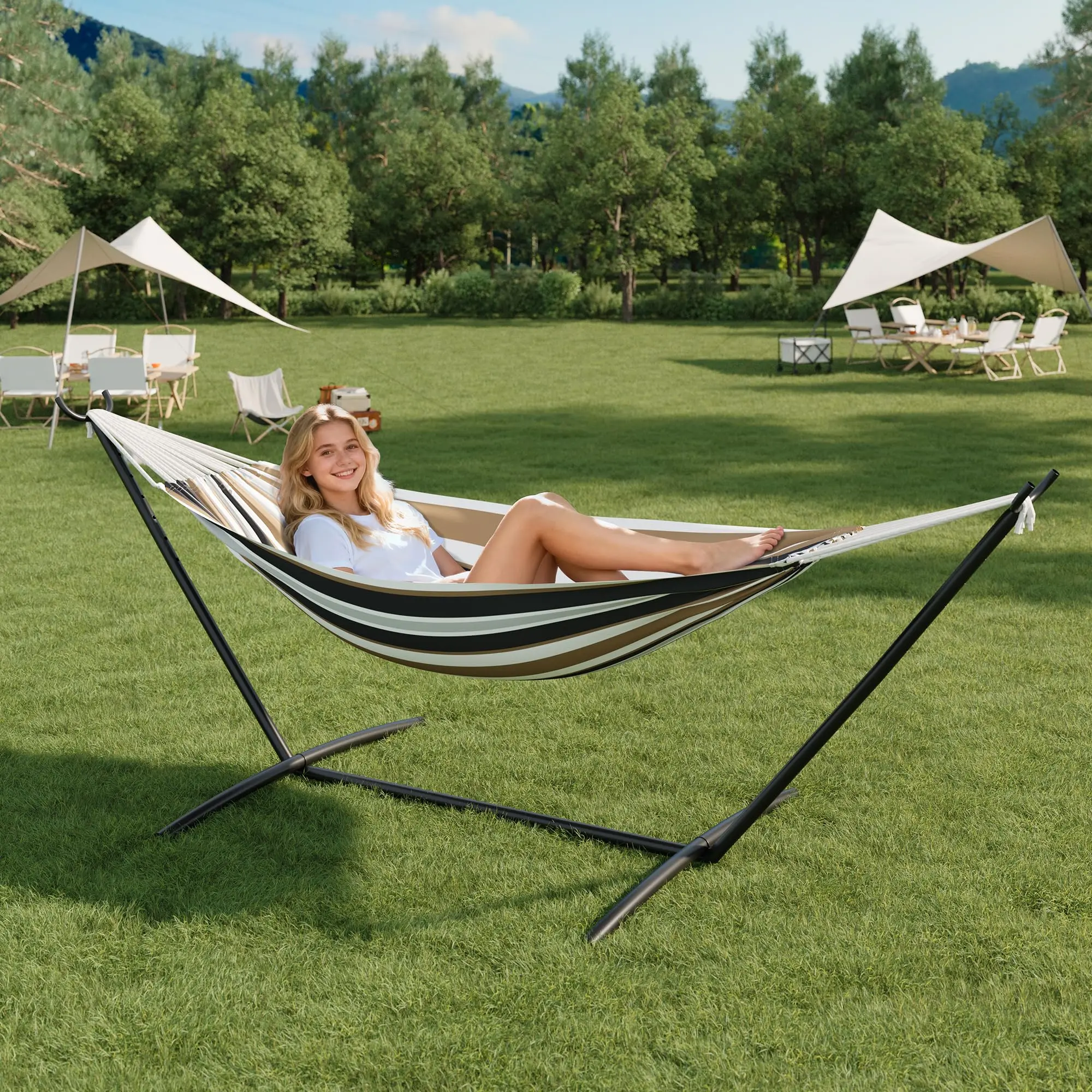 Garvee Double Hammock with Stand for Outdoor Use, 2 Person Heavy Duty Hammock with Steel Frame Stand, Portable Hammock for Patio, Yard & Garden, Easy Assembly, 450 Lbs Capacity-Coffee
