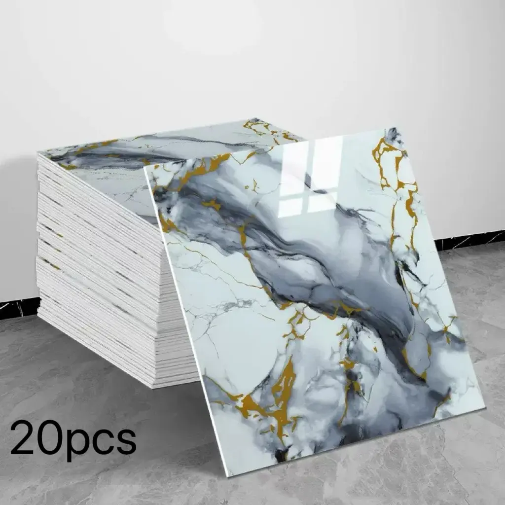 20 pieces of self-adhesive waterproof PVC bathroom wall panels, specially designed for bedroom and kitchen walls. Self-adhesive background wall tiles. Dimensions: 11.8 inches × 11.8 inches. Total area: 19.4 square feet.