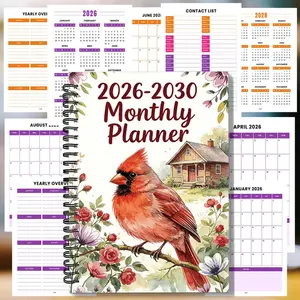 A spiral-bound 2026-2030 monthly calendar, watercolor red cardinal and floral design 5-year planner, for daily notes, office, and school use, with sections for yearly goal setting and progress tracking.