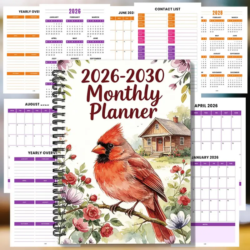 A spiral-bound 2026-2030 monthly calendar, watercolor red cardinal and floral design 5-year planner, for daily notes, office, and school use, with sections for yearly goal setting and progress tracking.