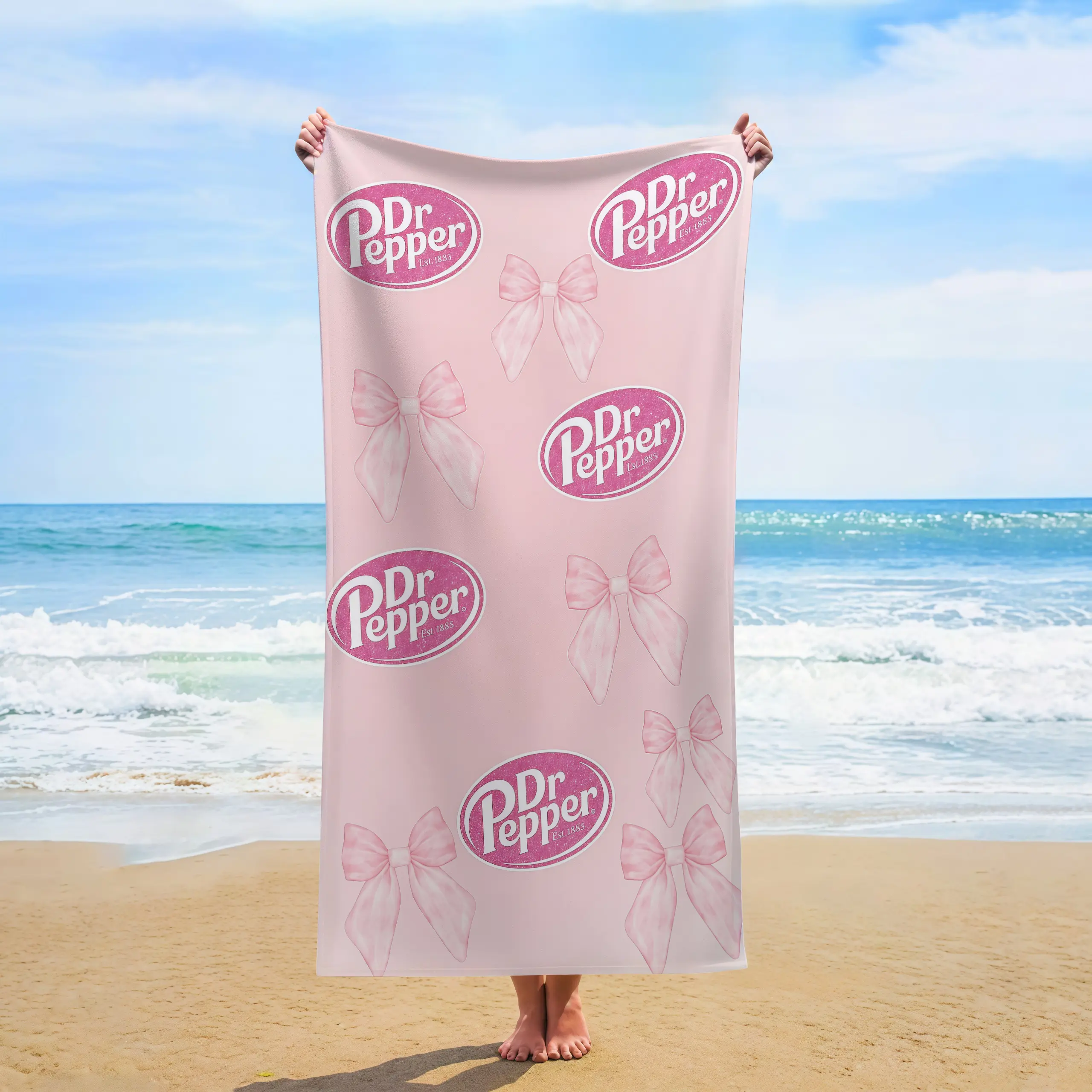 Dr Pepper Coquette Pink Bow Print Beach Towel,Cute Glitter Dr Pepper Logo Quick Dry Swim Beach Towel,Soft Lightweight Summer Pool Camping Beach Blanket For Teen Girls Women Vacation Gift