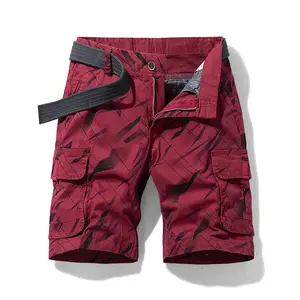 Men's Stylish Camouflage Stripe Cargo Shorts - Red Summer Cotton Tactical Casual Menswear, Loose Army Military Drawstring Multi-Pocket With Pocket Men's Shorts