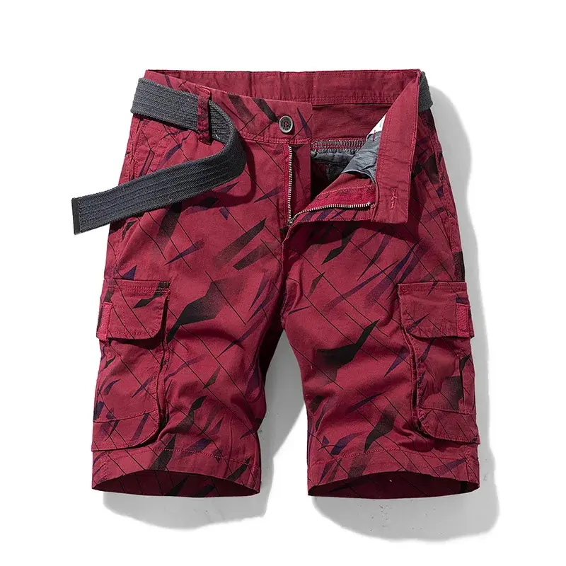 Men's Red Camo Cotton Cargo Shorts - Fashion Apparel, Casual Summer Baggy Tactical Jorts Style, Multi-Pockets, Drawstring Waist, Regular Fit, Menswear Bottoms, Baggy Jorts Style
