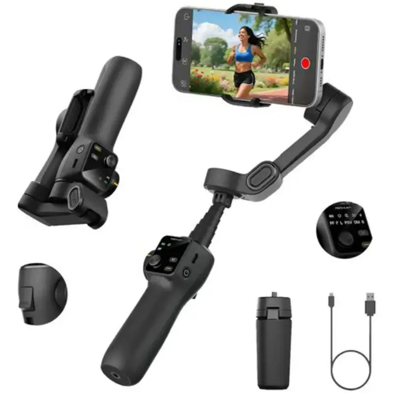 Aochuan 3-Axis Gimbal Stabilizer with Extendable Selfie Stick, Auto Unfold Phone Stand, Remote Control, Tripod Included, Compatible with iPhone & Android