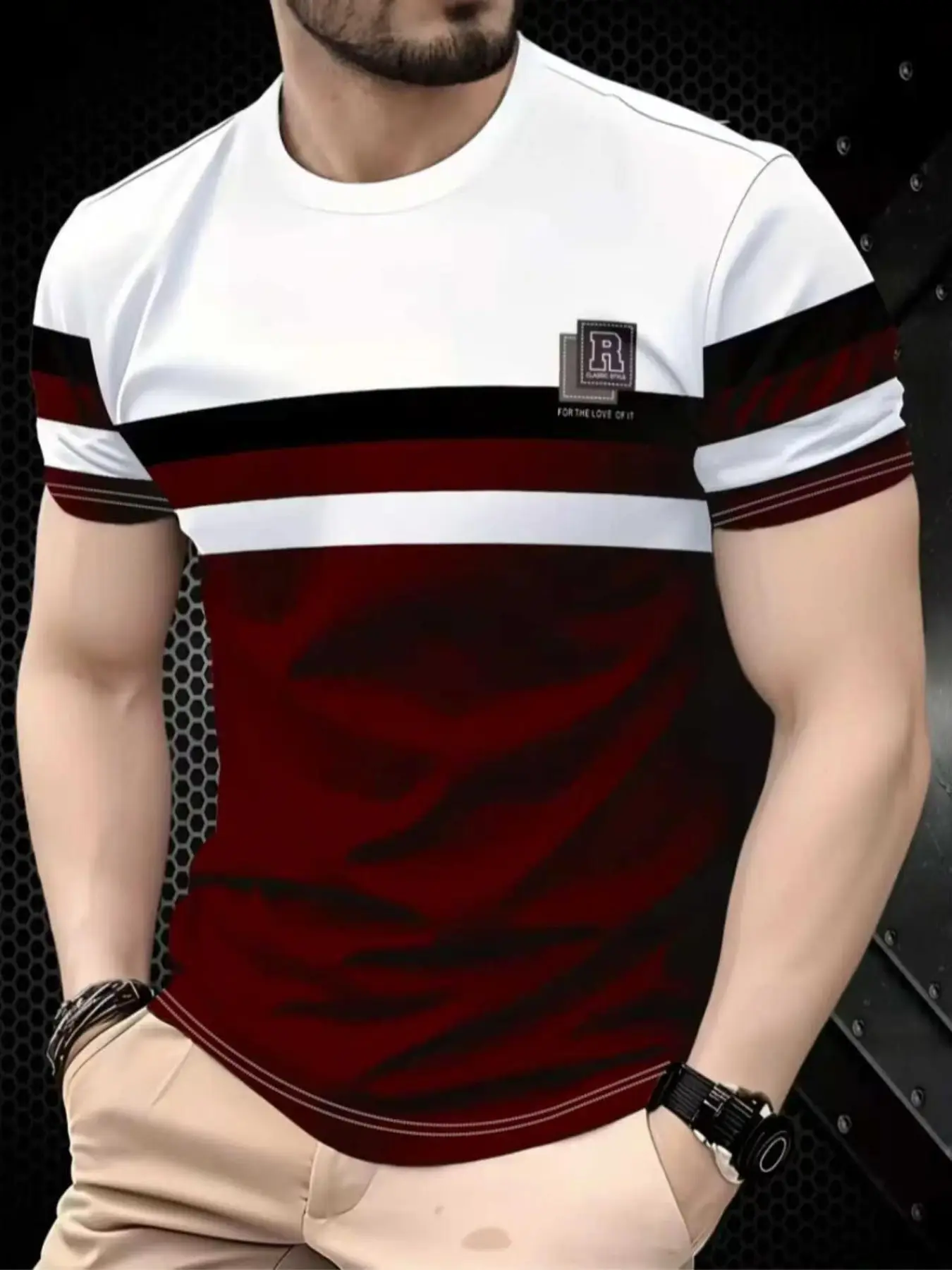 Men's Casual Fitted 3D Striped Print Polyester Short Sleeve Round Neck Crewneck Long T-Shirt Clothes, Slightly Elastic Knit Fabric, Breathable Comfort, All Seasons Wear
