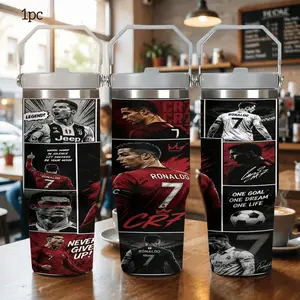 1pc 30oz stainless steel insulated cup, comic collage portable handle cup, football fan's souvenir large-capacity travel coffee cup, suitable for outdoor, office, birthday/festival personalized gift, Portable Insulated Tumbler