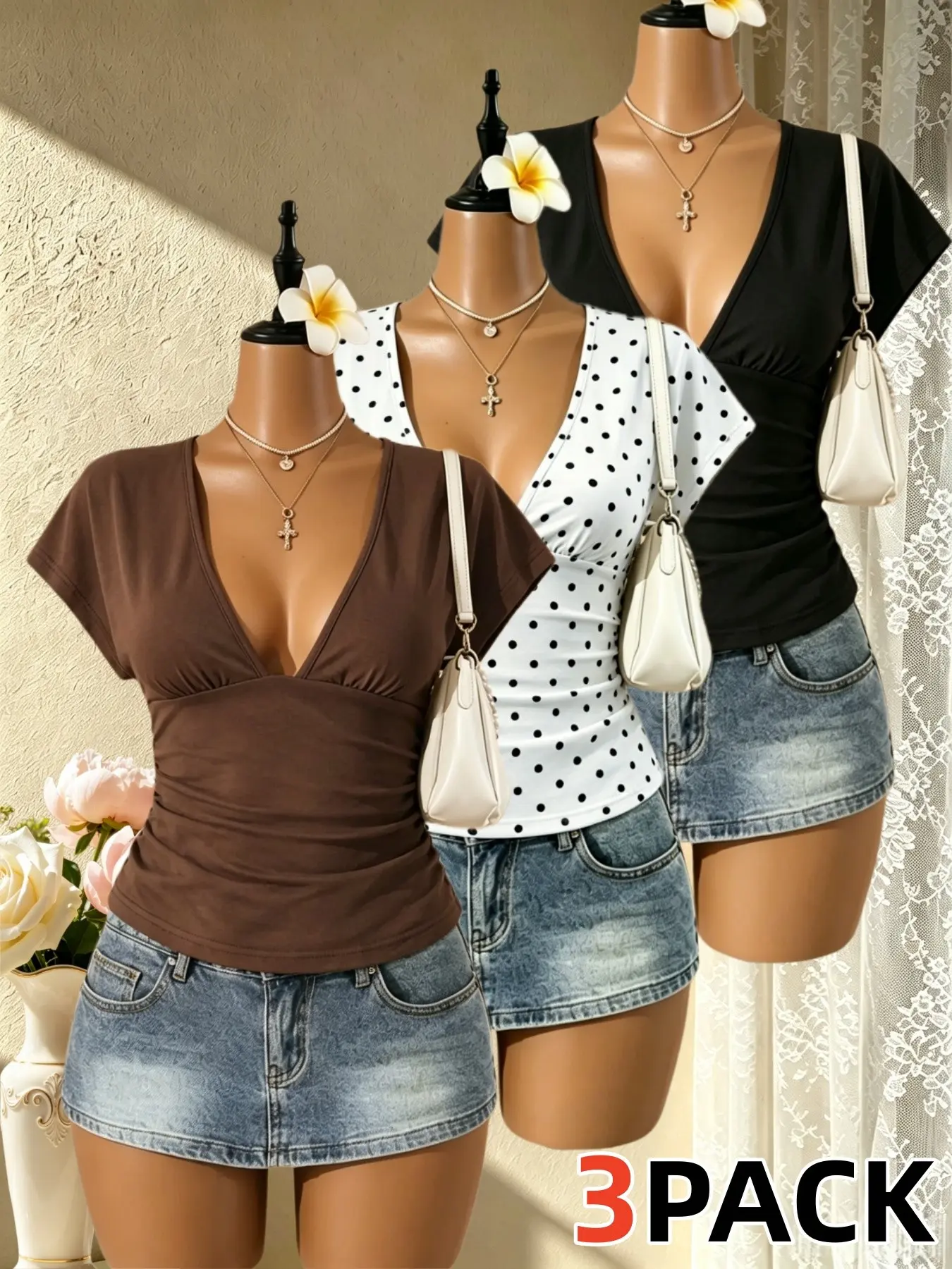 3-Pack European Style Deep V-Neck Ruched Waist Short Sleeve T-Shirts, Slim Fit Sexy Crop Tops, Casual Daily Tops, Casual Office Wear, Solid Color Basics