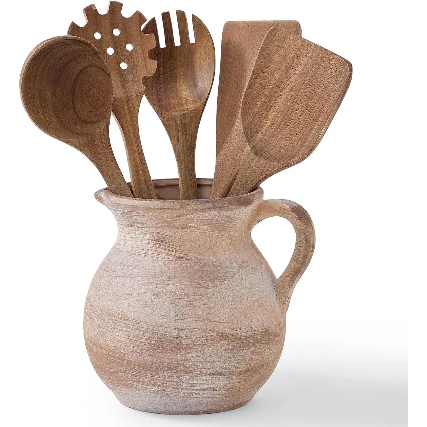 Rustic Kitchen Utensil Holder - 7.6 Inch Ceramic Utensil Crock for Countertop,  Kitchen Counter Decor