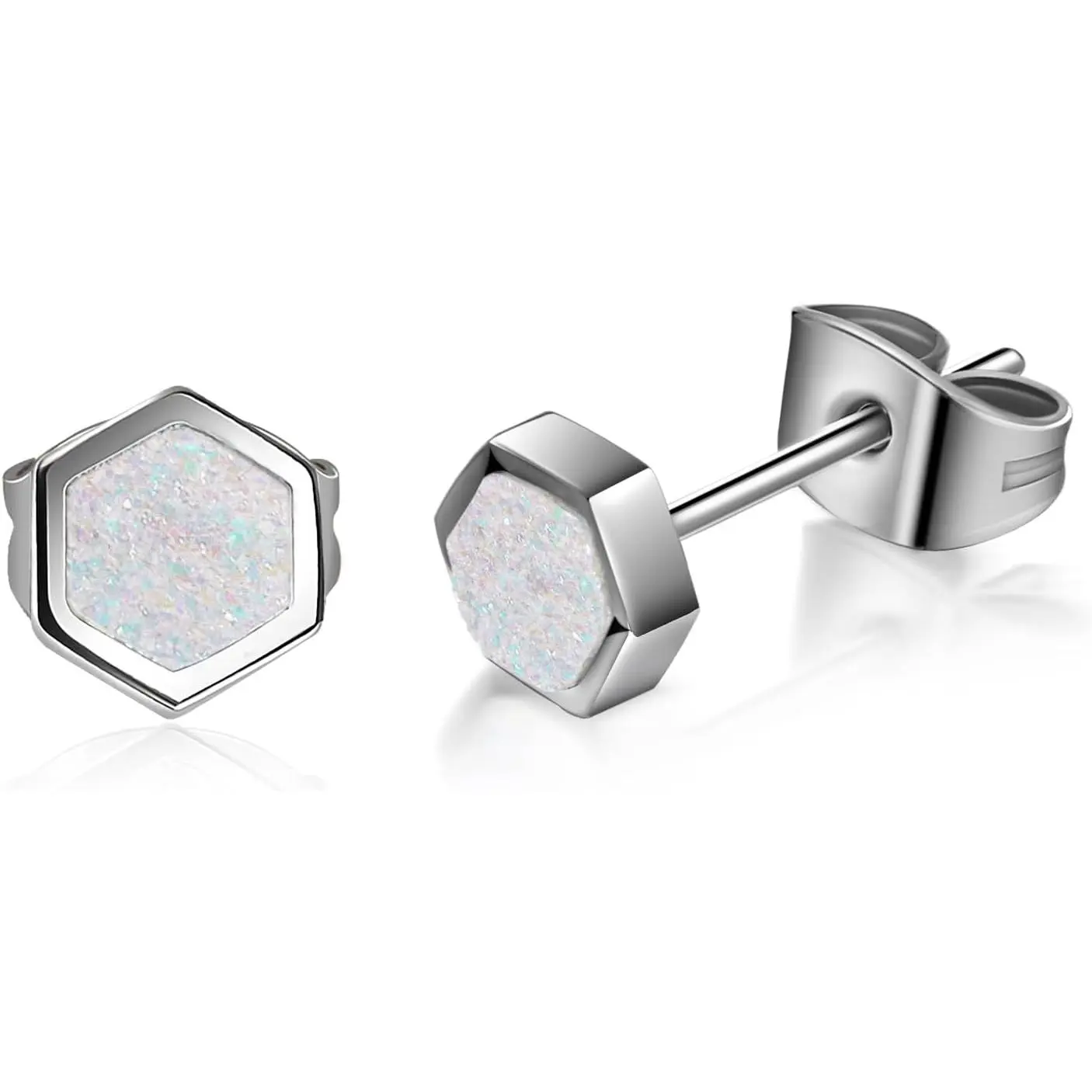 TGNEL Dainty Hexagon Druzy Stud Earrings for Women, Pure Titanium & Hypoallergenic for Sensitive Ears, Daily Wear Gift, 0.8Mm, Choking Hazard Small Parts, Dainty Shiny Druzy, Female, Polished, Push Back, Real Pure Titanium