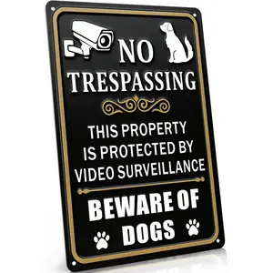 No Trespassing Beware Of Dogs Security Warning Sign, 8"x12", Rust-Proof Aluminum Metal Sign, Flat, Home Security Yard Decor, Private Property Notice, For Front Yard & Gate Post Display, Homeowners, Perfect Housewarming Gift, Sleek Black Gold Print