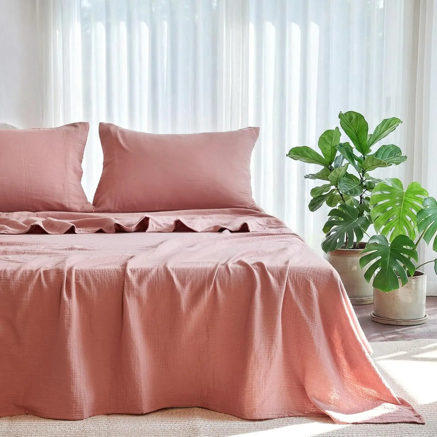 Sheet Set   Bed Sheets Gauze 4 count Mocha Brown | Muslin  Sheets Set 16" Deep Pocket Sheet & Pillowcase Sets Breathable Boho Soft   Bedding Sets