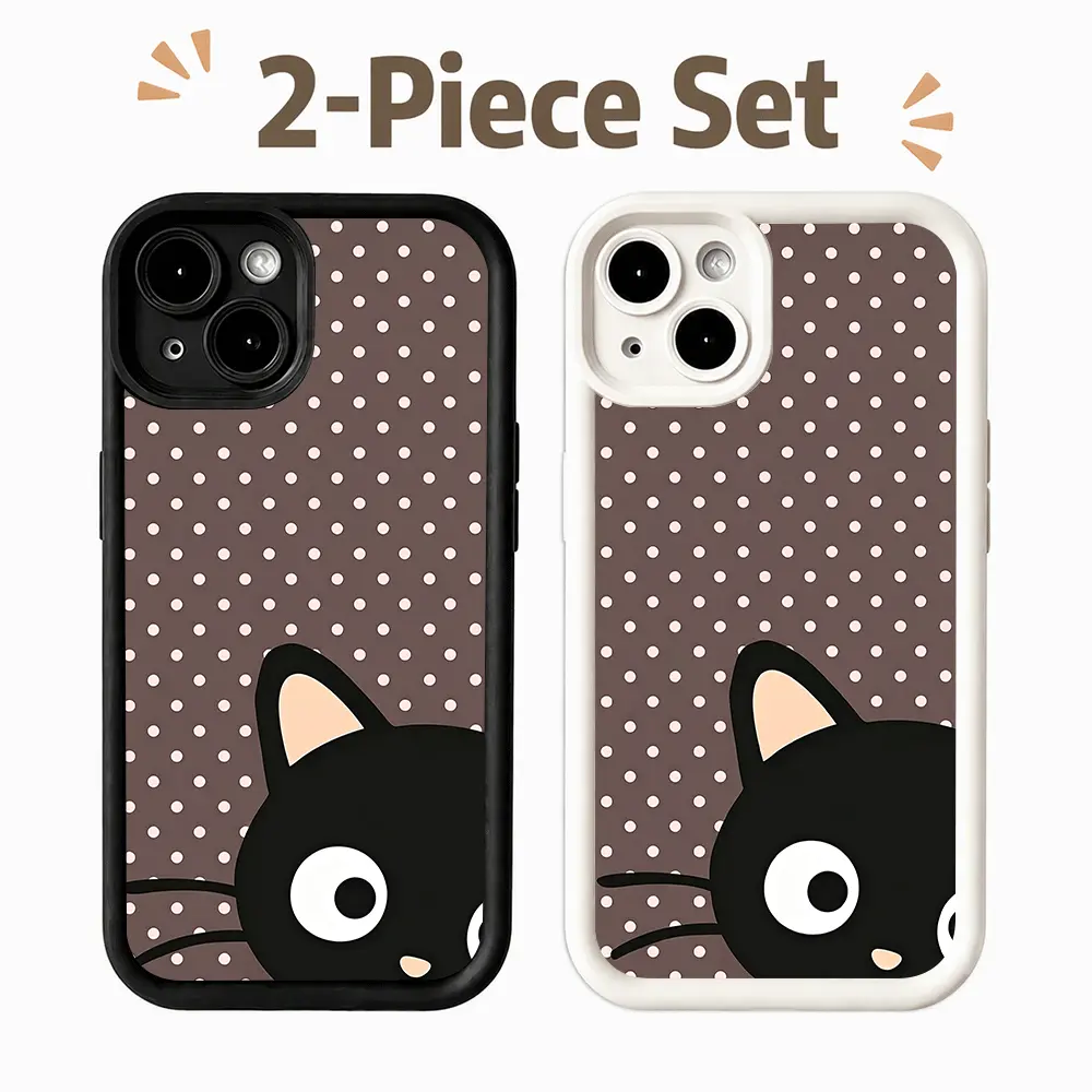 2-Pack Black+Ivory Kawaii Cartoon Chococat Cellphone Cases for iPhone 11-17 Series, Dual Layer TPU+Silicone Handheld Device Cover, Shockproof, Soft Touch, Rubberized Grip, Responsive Buttons, Camera Guard for Cat Enthusiasts