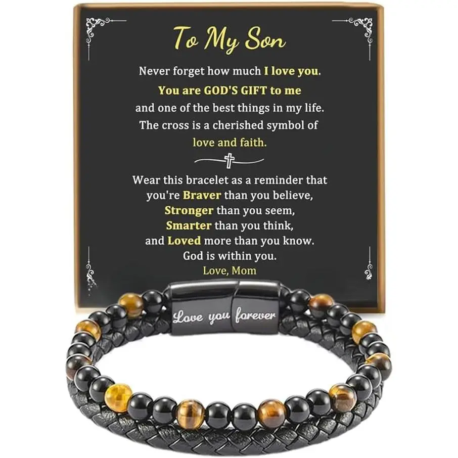 To My Son Bracelet from Mom Son's Tiger Eye  Protect Bracelet for Men Black Beads Bangle Engraved With Love You Forever  Baptism Gifts for Christmas Birthday