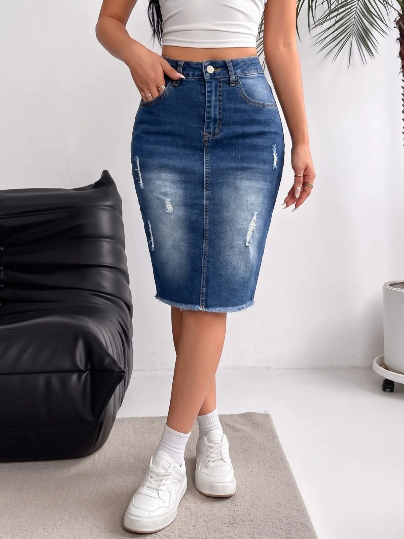 Women's High Waist Ripped Denim Skirt, Elastic Waist, Bodycon Midi Skirt, Frayed Hem, Casual Chic Summer Fall Fashion