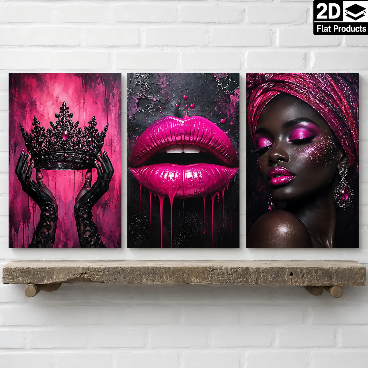 2D Flat Three-Piece Set--Three canvas paintings, featuring a woman with a crown and lips, dressed in bright pink and black colors. Themed canvas wall art, waterproof canvas prints, ready to hang. Suitable as home decor gifts for Father's Day, graduation,
