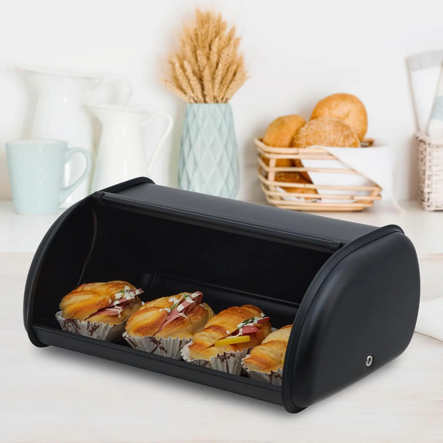 Stainless Steel Bread Box for Kitchen Countertop, Roll Top Black Bread Storage Container for Homemade Bread, Large Bread Holder for Kitchen Counter, Pantry Shelf, Family