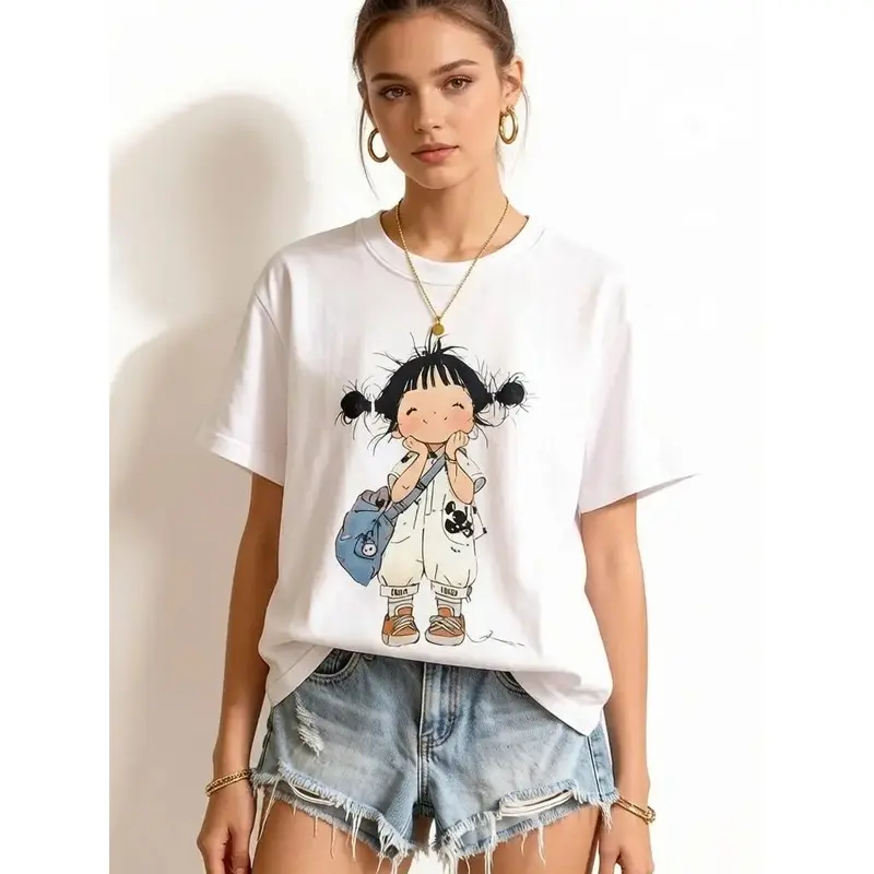 Women's Kawaii Print Cotton T-Shirt Clothes - Viral TikTok Trend Minimal Cartoon Twin Bun Girl Graphic, White, Lightweight Breathable, Round Neck, Relaxed Baggy Oversize Plus Size, Machine Washable Campus Casual Top