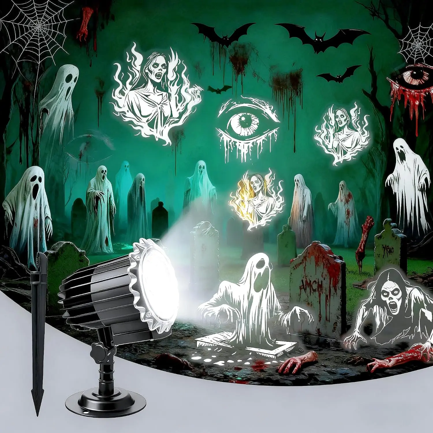 Halloween Projector Lights Outdoor, 4 Rotating Dynamic  Decorations Light,  Scary Skull Holiday Lights for Yard Patio Window Garden Wall Party Decor, Indoor & Outdoor