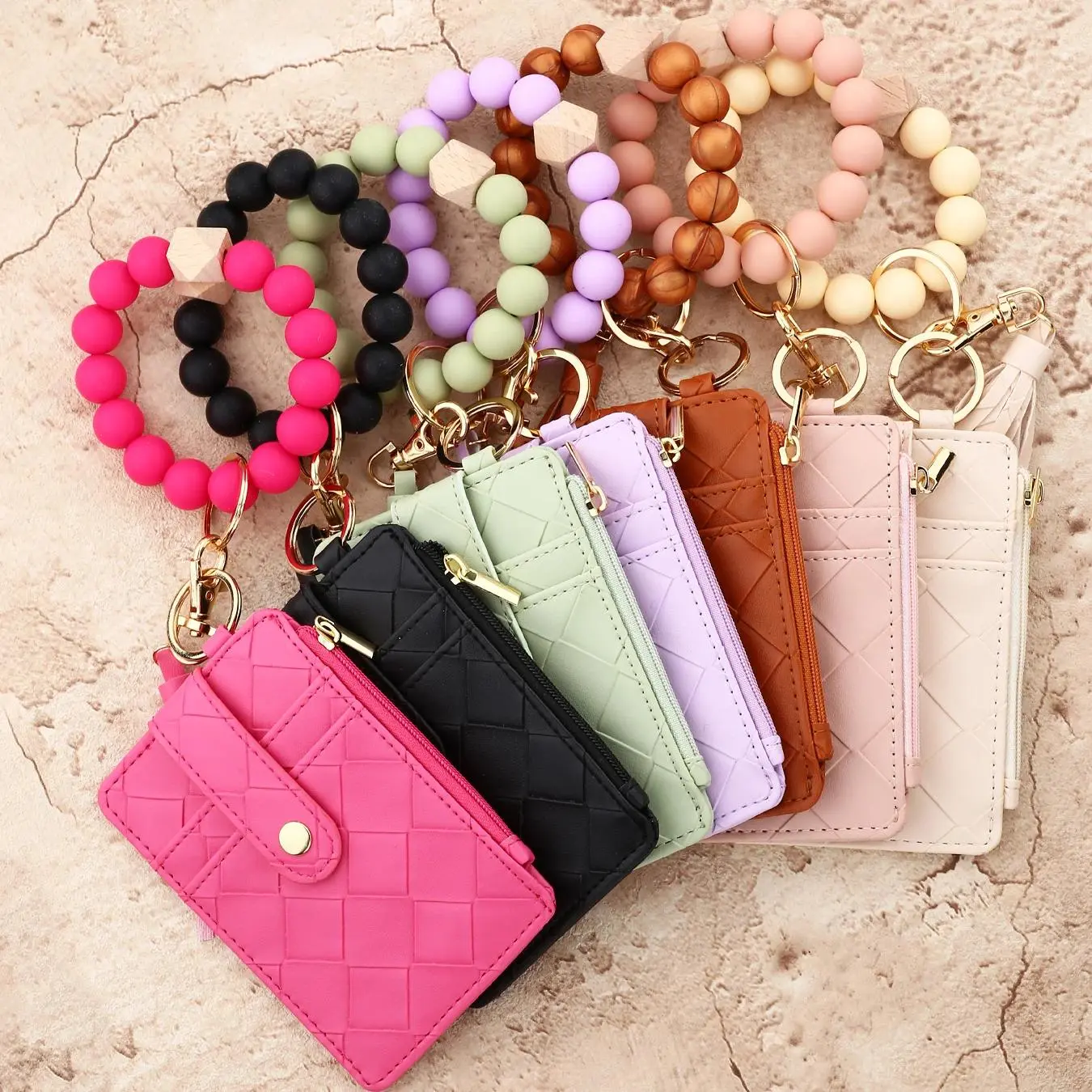 2025 New Women's Casual Silicone Bead Wristlet Bangle Key Ring - Tassel Charm, Card Pocket Holder, Luggage & Bag Accessory