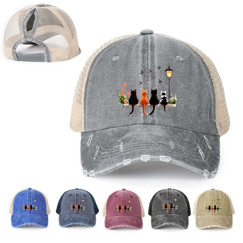 Coquette Aesthetic Cats on Bench Ponytail Trucker Hat | washed cotton distressed messy bun baseball cap cat lover gift outdoor sun shade visor adjustable mesh back headwear summer travel, Animals, Unisex, No