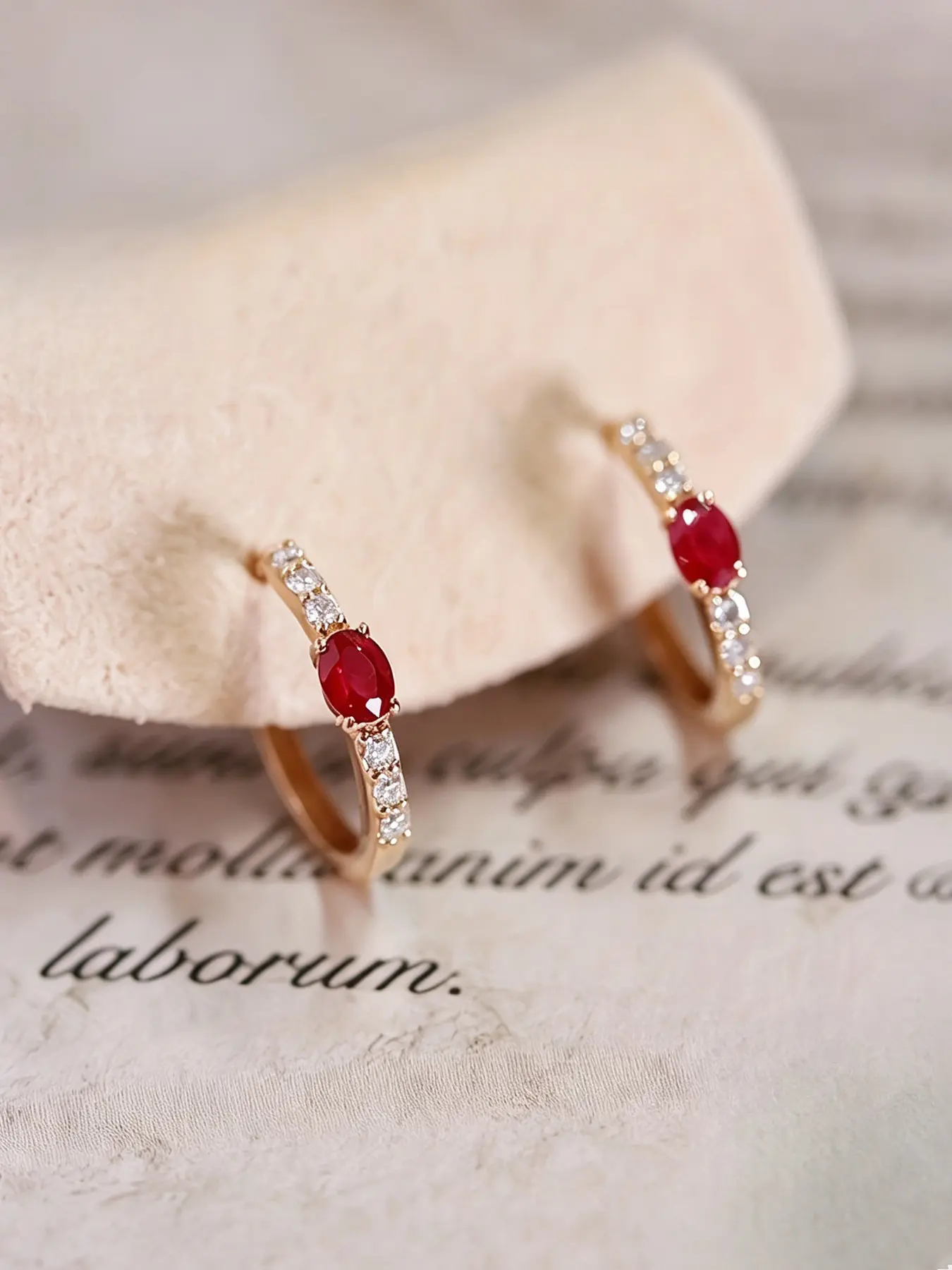 1 Pair Oval Red Zircon Huggie Hoop Earrings, Tiny Clear Stone Half Row Small Hoop Earrings, Elegant Daily Women Ear Jewelry