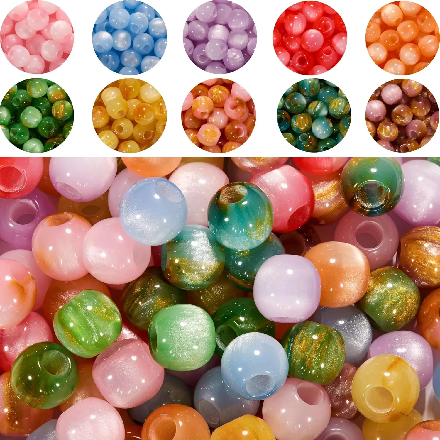 Large Hole  Beads for Carabiner Bag Charm and  Making, 100 count 10 Colors Chunky Pony Bead Set, 12 mm Rounds with 5 mm Hole for Beadable Pens and Phone Charms (Multicolor, 12 mm)