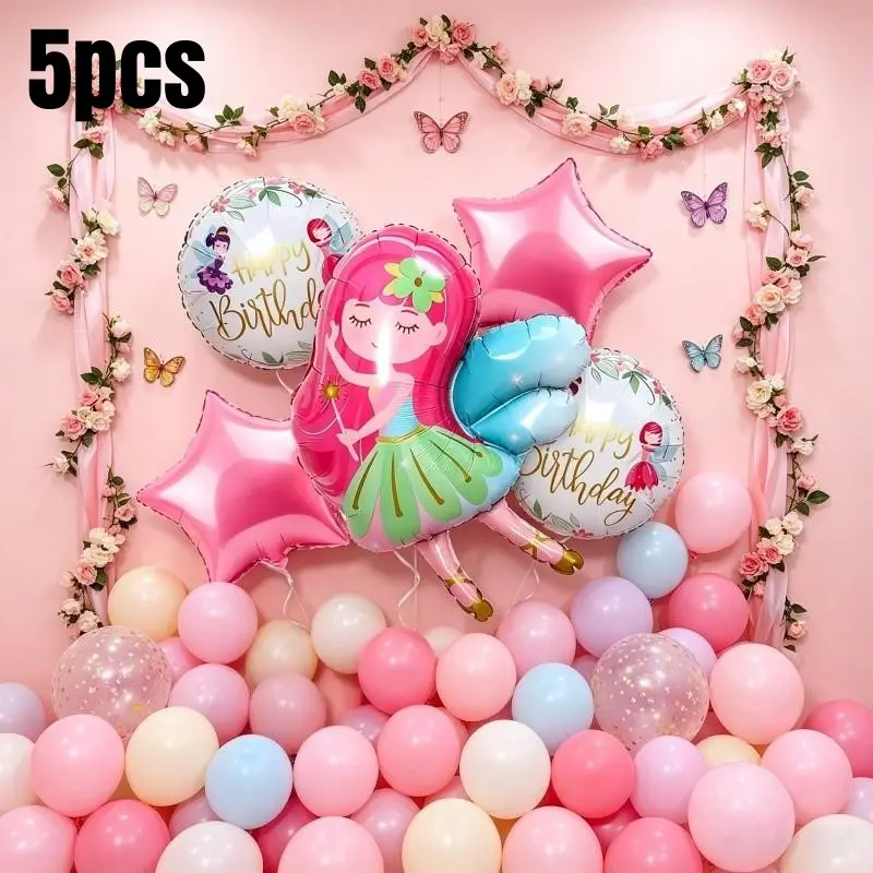 Fairy Alumina Balloon Set, Cartoon Flower Fairy Main Balloon + 2 Stars + 2 Printed Birthday Balls, Girl Party Decorations