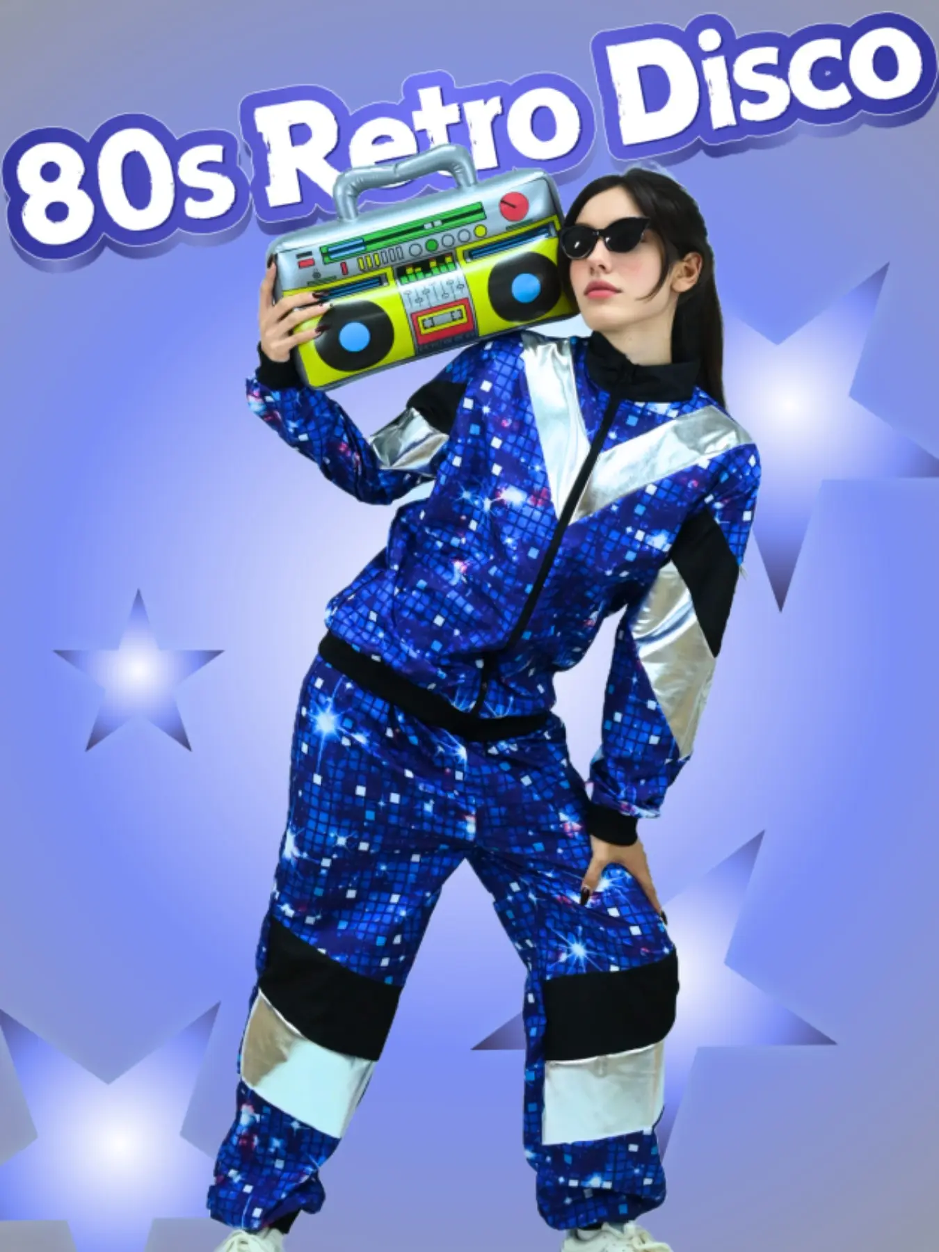 80s Retro Disco Blue Sequin Plaid Sports Set, Silver Zipper Jacket, Cuffed Long Pants, Perfect for Vintage Parties, Halloween Events