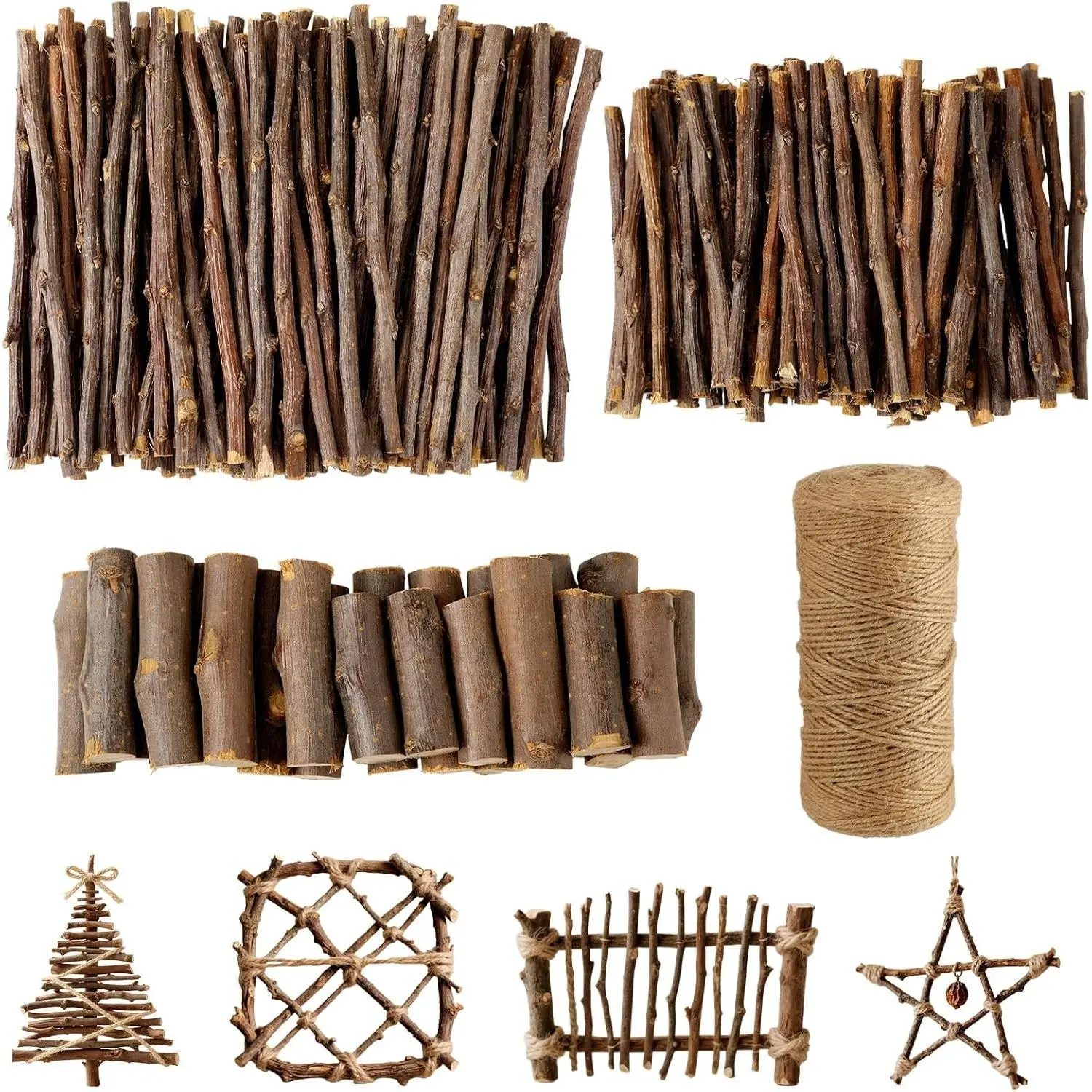 251 Pack Wooden Log Sticks for Crafts Kit 6 Inch and 4 Inch Natural Twigs Stick 0.8cm in Diameter Wood Log 164 Feet Jute Twine for DIY Rustic Home Decor School Projects Crafting Filler